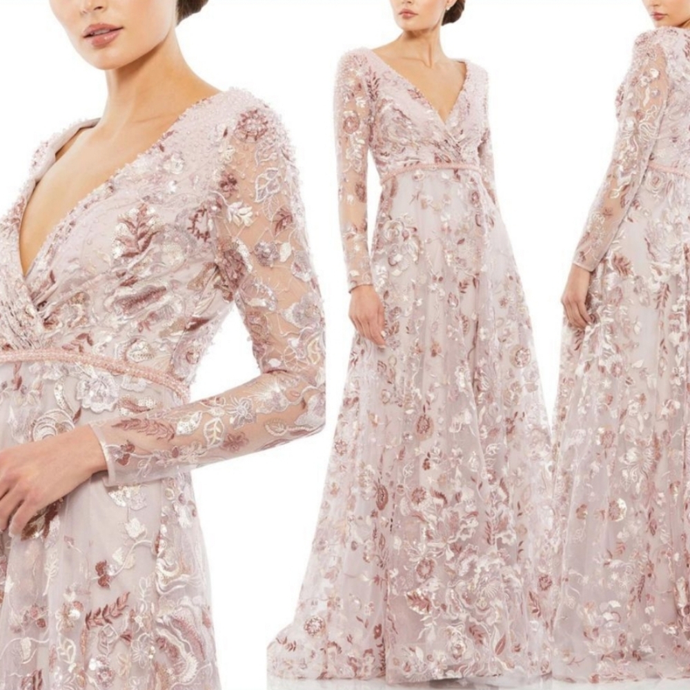 Mac Duggal Embellished V NeckIllusion Long Sleeve A Line Gown-